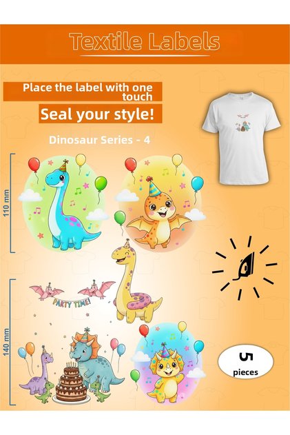 Iron-On Clothing Stickers Dinosaur Series - Set of 4, 5 Pieces