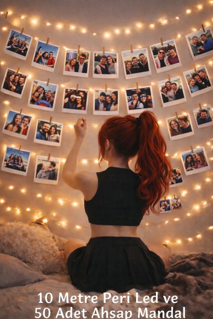 10 Metre Pilli Peri Led Işık 50 Adet Küçük Mandal Fotoğraf Asma Seti Anı Duvarı set13