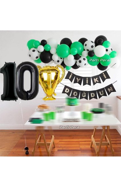 10 Yaş Futbol Tema Konsept Balon Zinciri Seti Kupa Folyo Balon