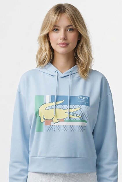 Women's Relaxed Fit Hooded Printed Light Blue Sweatshirt