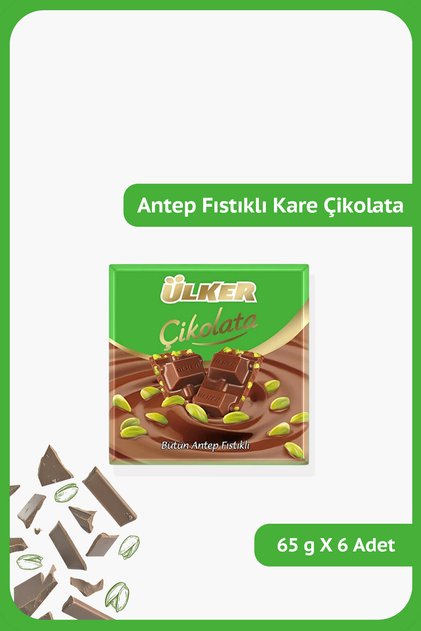 Antep Fıstıklı Sütlü Kare Çikolata - Bütün Fıstıklı - 65 gram - 6 Adet
