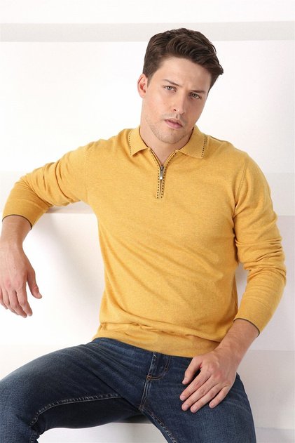K.Yellow Polo Collar Zippered Men's Cotton Sweater