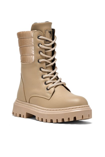 Girl's Beige Thermo Sole Side Quilted Patterned Lace Up and Zippered Boots