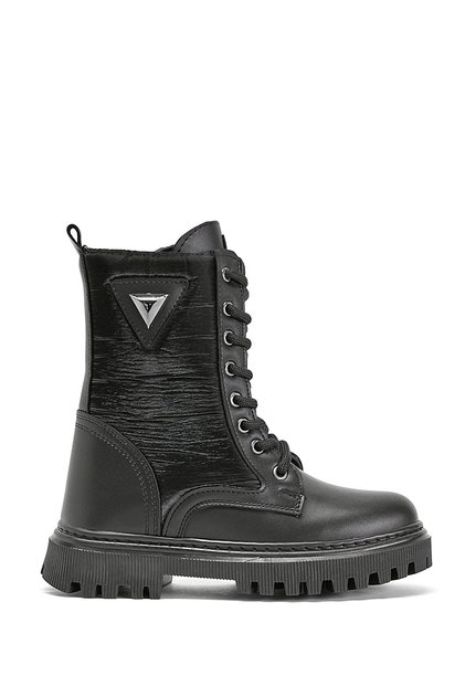 Girl's Black Skin Thermo Sole Lace-up and Zippered Long Boots