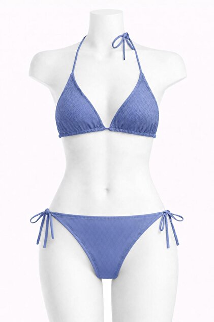 Women's Dark Blue Triangle Bikini Set Lycra Stretchy Side Halter Neck Stylish Drawstring