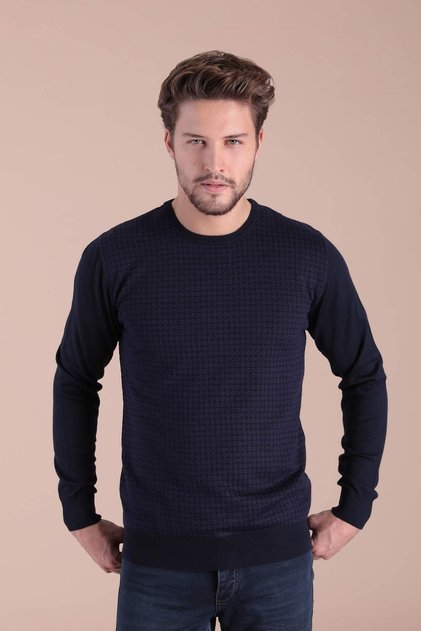 Crew Neck Superfine Wool Sweater - Navy/Purple