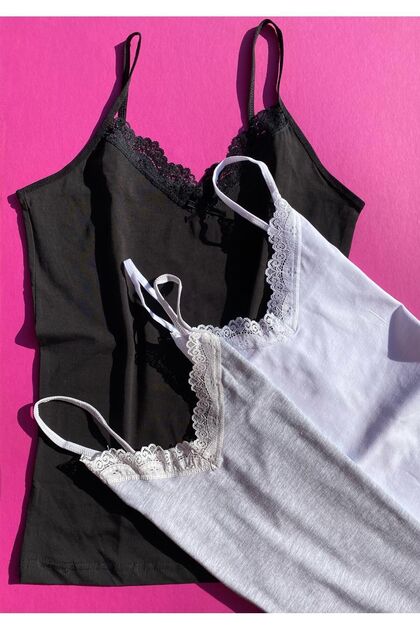 3 Pieces of Lacy Rope Strap Cotton Undershirt (1 Gray, 1 Black and 1 White Color)