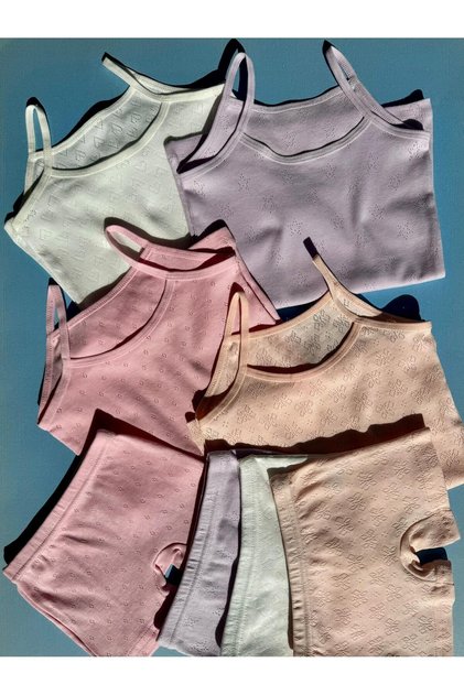 Perforated Model 4-Piece Girls' Rope Strap Tank Top - Shorts Set (Total 8 Pieces)