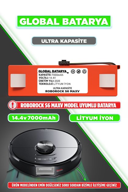 Roborock S6 MaxV Uyumlu Akıllı Robot Süpürge Bataryası 14.4v 7000mAh Pil (Ultra Kapasite)