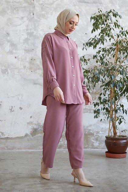 Pants Shirt Hijab Double Suit Pink