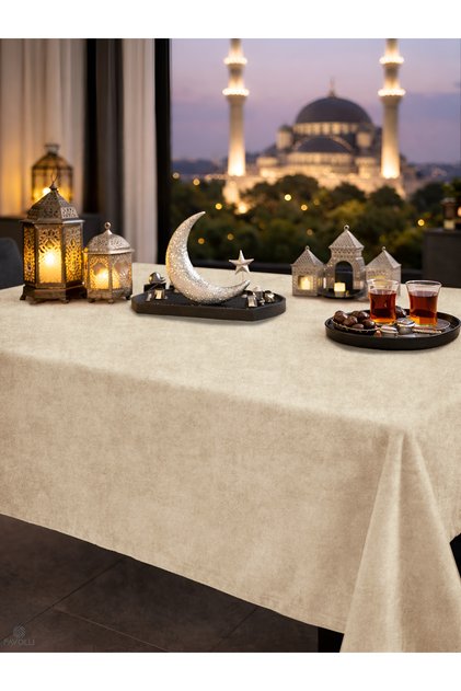 Kadife Dokulu Bej Renk Masa Örtüsü Lüks Dikdörtgen Salon ve Yemek Masası Örtüsü