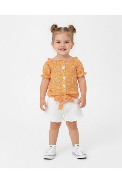 Girl's Summer Interlock Corded Fabric Floral Printed Muslin Shorts Top and Bottom Baby Set