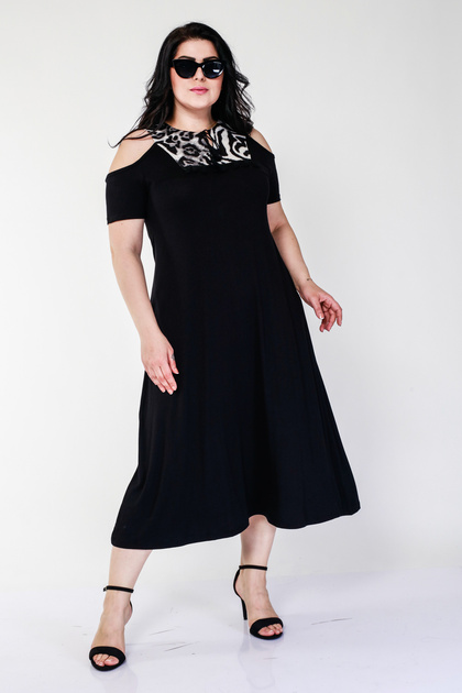 Women's Plus Size Collar Gray Leopard Detailed Black Dress