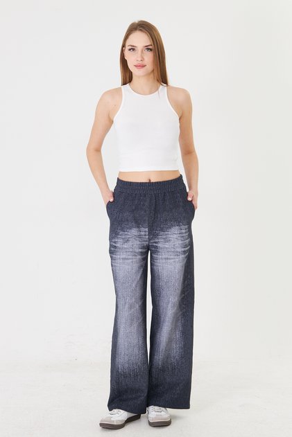 Women's Anthracite Denim Look High Waist Wide Leg Women's Sweatpants with Pockets