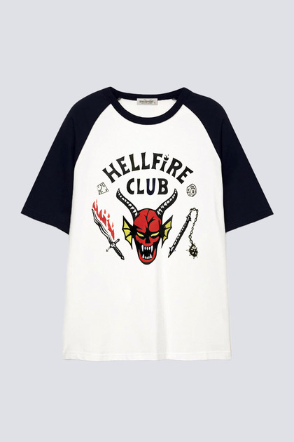 Stranger Things Hell Fire Baskılı Reglan Kısa Kol Bisiklet Yaka Beyaz Erkek T-shirt