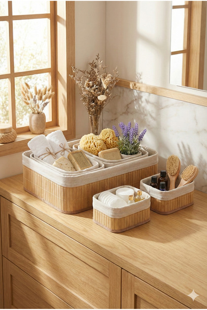 BEYZANA Bambu 5'Li Organizer Düzenleyici Sepet Seti Banyo Dolap
