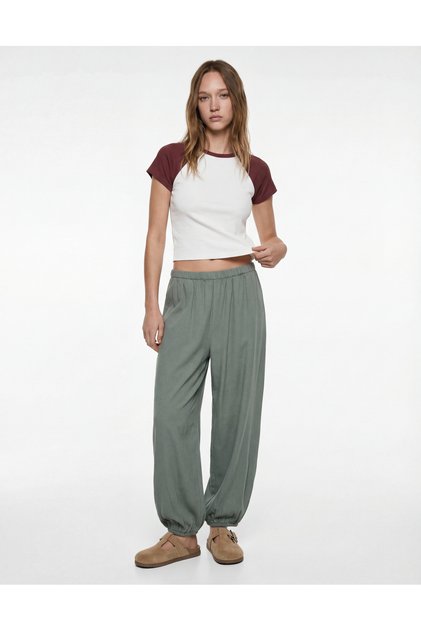 Slim Fit Cotton Color Block Short Sleeve Crew Neck Crop T-Shirt Pajama Top