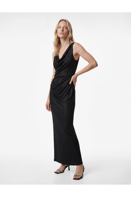 Slim Fit Kayık Degaje Yaka Draped Sleeveless Glitter Long Evening Dress