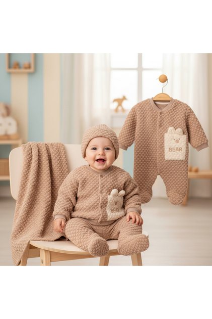 Baby Boy Jacquard Welsoft Jumpsuit with Zibin Beanie and Blanket 5-Piece Set