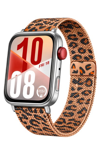 Huawei Watch Fit 3 / Fit 4 / Fit 4 Pro / Fit 5 / Fit 5 Pro Uyumlu Leopar Desenli Metal Kordon