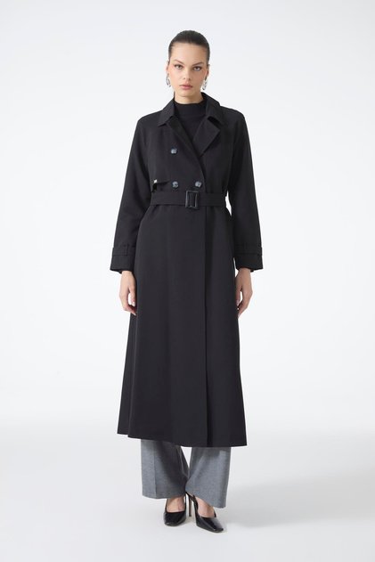 Button Detailed Belted Trench Coat Black 13860