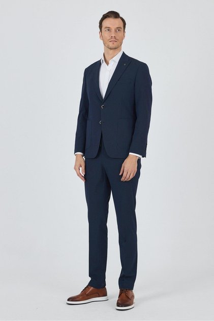 Navy Blue Swallow Collar Striped Elastic Waist 6 Drop Slim Fit Flexible Suit 1001250100