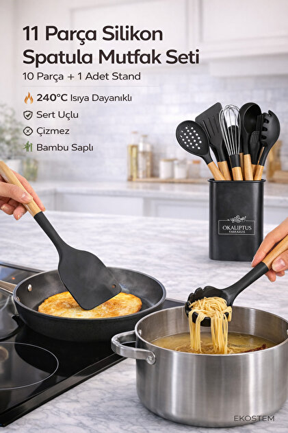 Ekostem Silikon 11'li Kepçe Seti Isıya Dayanıklı Spatula Standlı