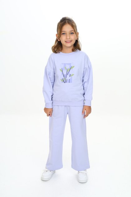 Girl's 2-Piece Set Printed Crew Neck Sweatshirt & Wide Leg Sweatpants with Elastic Waist