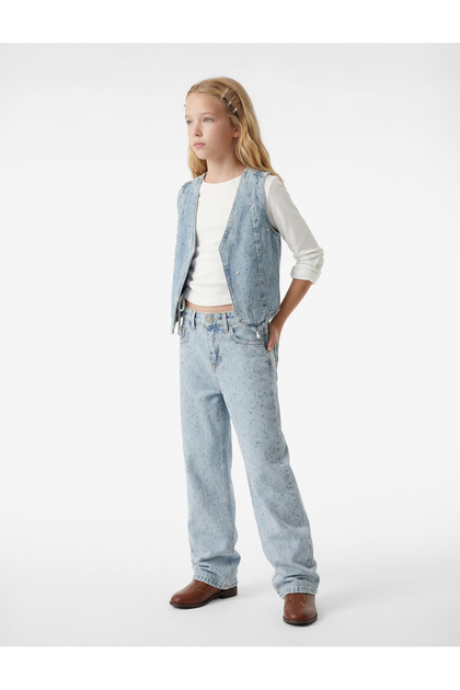 Cotton Studded Detailed Loose Fit Wide Leg Denim Trousers