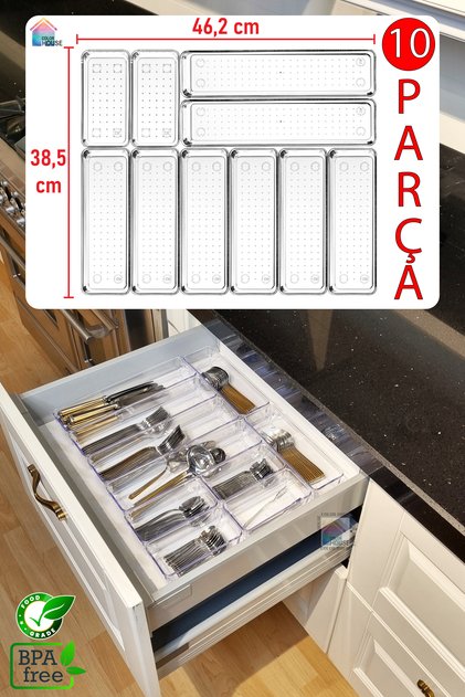 10'lu Set Modüler Kaşıklık Şeffaf Çekmece Içi Düzenleyici Mutfak Buzdolabı Organizer Düzenleyici Set