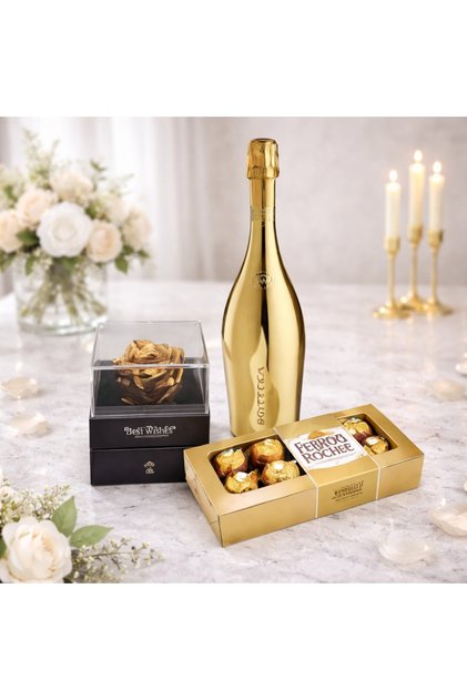 Pachet Glamour, cutie tip sertar trandafir criogenat auriu, Prosecco Bottega Gold, praline,Gold