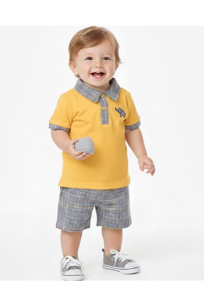 Baby Boy Polo Collar Elephant Embroidered Plaid Shorts Summer 6-9-12-18-24 Months Baby Set