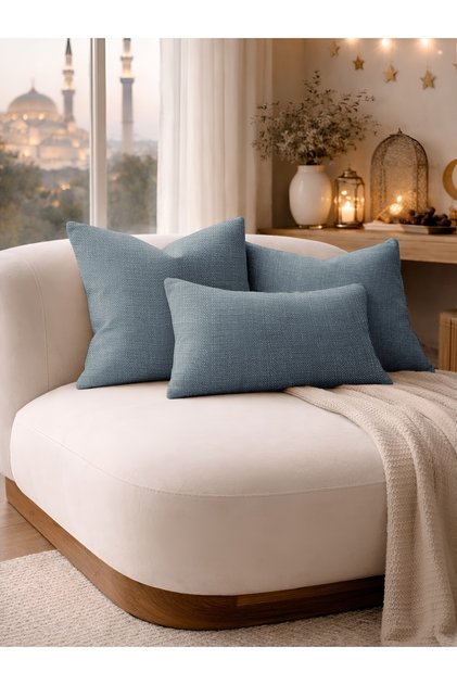 Koyu İndigo Keten Dokulu Dekoratif Kırlent Kılıfı | Modern Salon Koltuk Yastığı