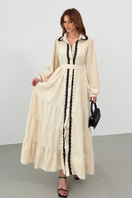 Women's Beige Lace Detailed Maxi Shirt Dress