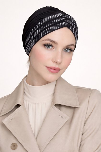 Üç Bantlı Taşlı Hazır Bone Tesettür Hijab - Hazır Bone Şal Eşarp