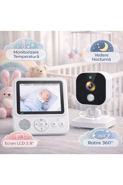 Monitor pentru bebeluși, digital,wireless, audio-video,Ecran HD 2,8 inch LCD, 8 Cantece,idealSTORE