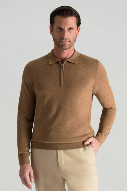 Merino Yünü Polo Yaka Yarım Fermuarlı Camel Triko Kazak