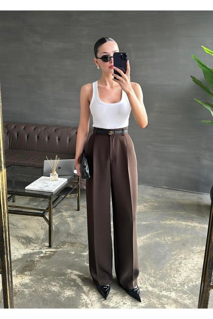 Women's High Waist Pleated Wide Leg Fabric Pants Nsa-58078