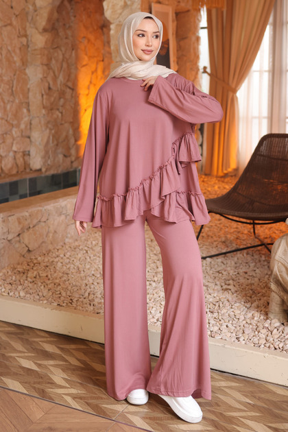 Set modal cu fustă Dusty Rose, tunică cu volane și pantaloni