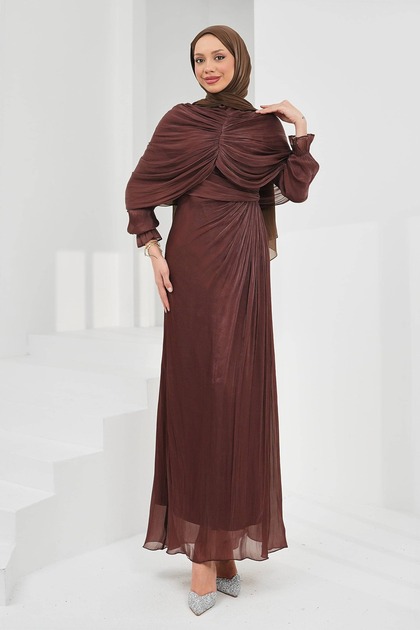 Brown Draped Front Cape Evening Dress