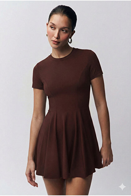 Crew Neck Short Sleeve Brown Dress