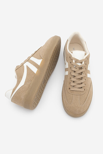 Marjin Kadın Sneaker Bağcıklı Düz Taban Spor Ayakkabı Tiyone Camel
