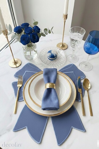 Bow Blue Fabric Bow Form Blue Embroidered American Service 35X39 cm - 1 Piece