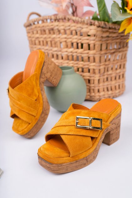 Tilda Model Genuine Leather Mustard Color Cross-Band Buckle Detail Platform Thick Heel Women's Slippers