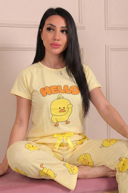 Women's Hello Slogan and Duck Printed Jersey Short Sleeve Pajama Set