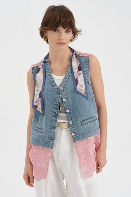 Women's Denim Fabric Collar Vest with Scarf and Lace Detail on the Back