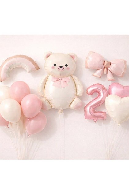 Girl Bear Birthday Concept 16 Pieces with Rainbow Bow, Heart and Number Balloons