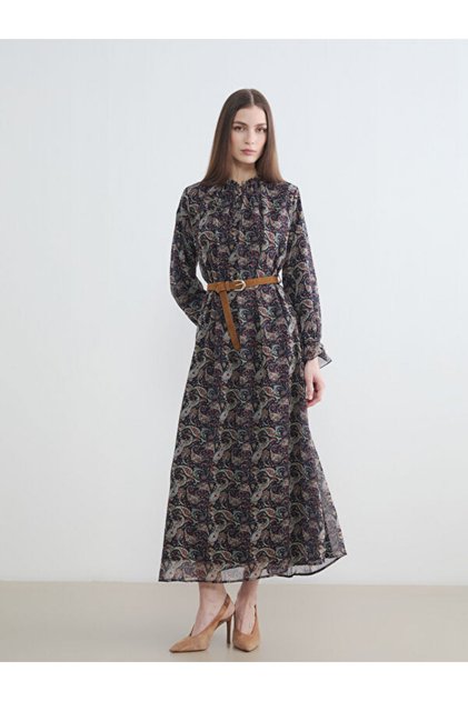 Ravishing Roba Collar Embroidered Belted Chiffon Dress for Style Enthusiasts from Uzg Store