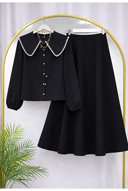 Women's Collar Scallop Detailed Shirt - Puff Scuba Skirt Set -0490