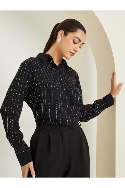 Black Embellished Long Sleeve Shirt